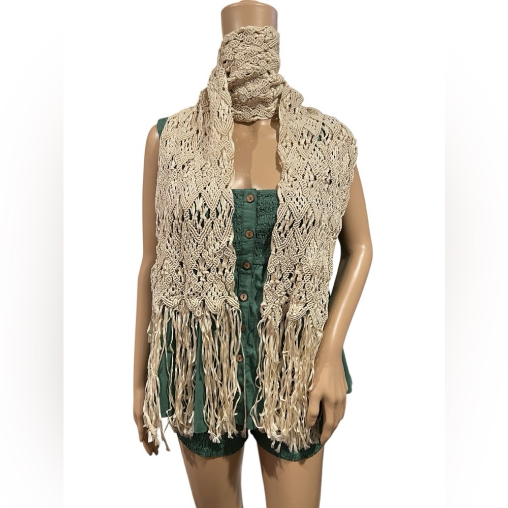 Polo Ralph Lauren Scarf Womens Ivory Crochet Fringed Rectangular One Size